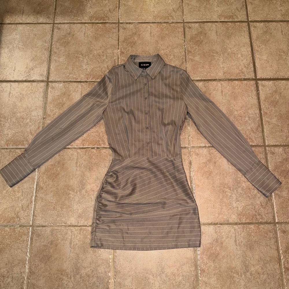 Striped Long-Sleeve Shirt Dress in Taupe - Picture 2 of 11